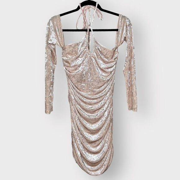 H:OURS Lyka Mini Dress in Light Tan Velvet Rhinestones Size Medium fits S NWT - Picture 7 of 8